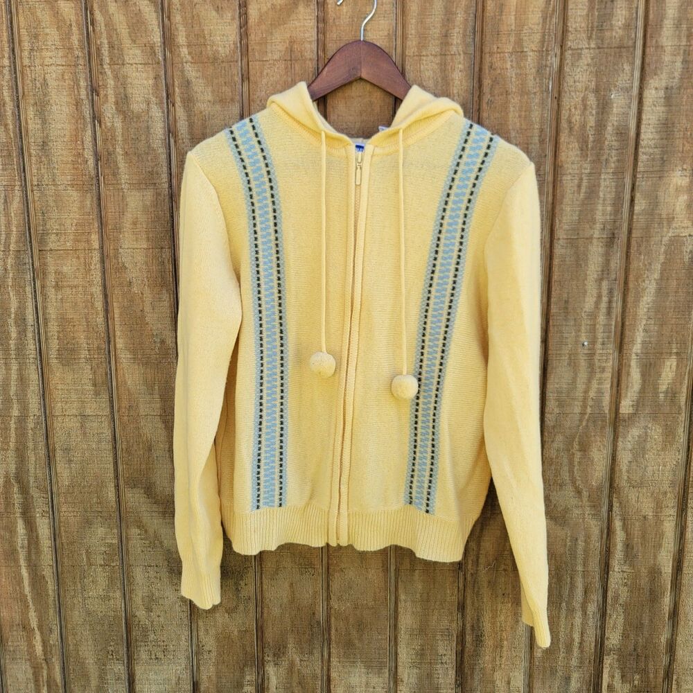 Old Navy Vtg 90s Yellow Full Zip Hooded 100% Lambs Wool Sweater Womens Size L